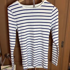 GAP White Long-Sleeve Crewneck Top with Blue Stripes